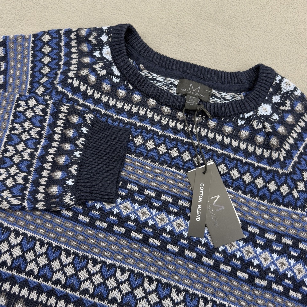 Magaschoni Fair Isle Sweater Mens S Blue Geometric Bellows Crewneck Pullover